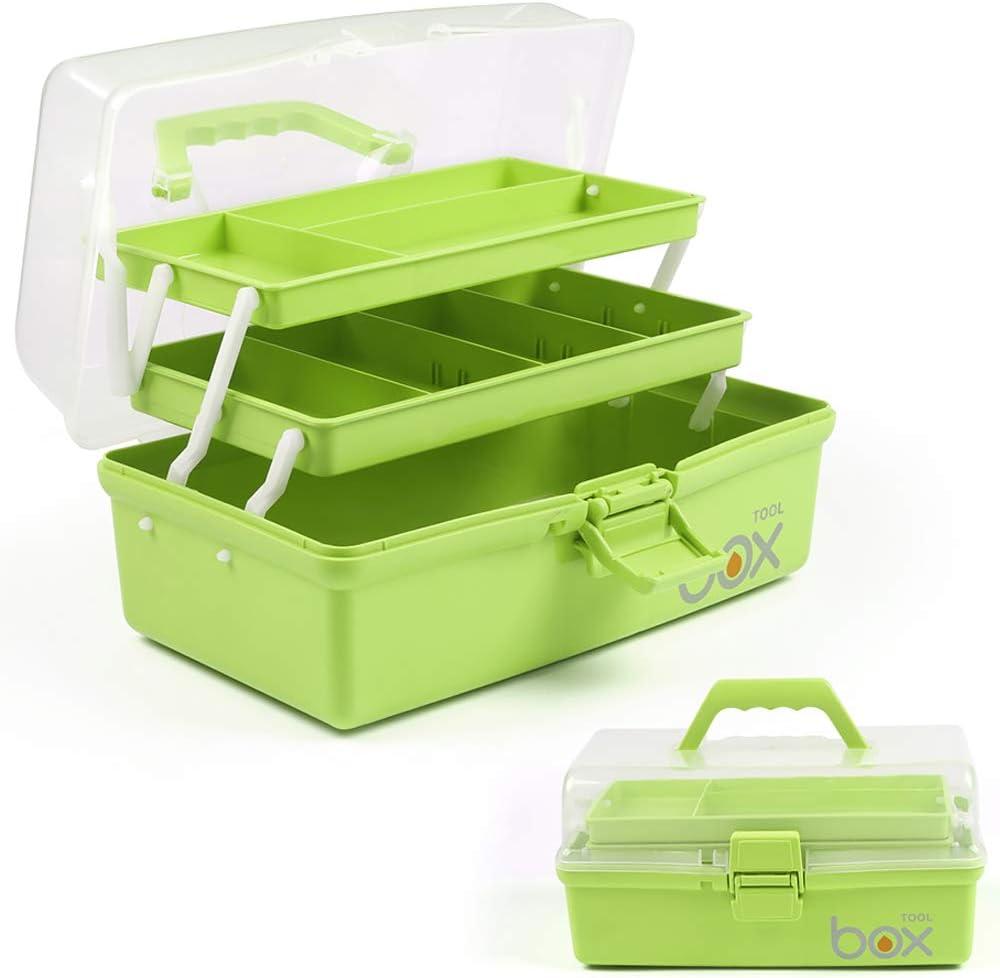 12in 3-Layer Plastic Craft Organizers and Storage, Portable Folding Tackle Box with Handle & Adjustable Dividers, Multipurpose Case for Sewing, Art Supplies, Medicine, Tools (Green)