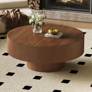 Merax Modern 35.4 Inch Round Large Coffee Table with Sturdy Base, Wood Center Table with 6.8" Thick Tabletop for Living Room Reception Room, Easy Assemble, Walnut
