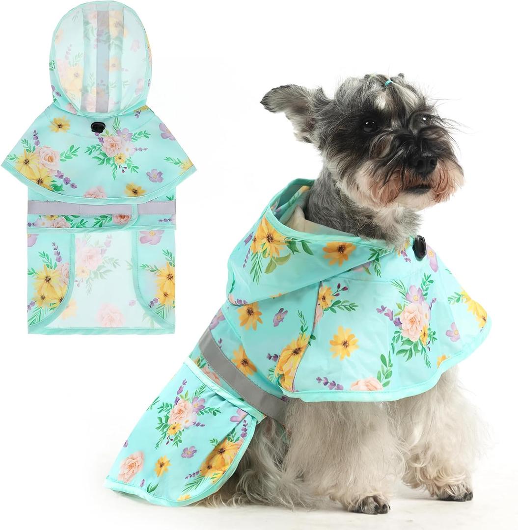 KOOLTAIL Dog Raincoat Hooded Slicker Poncho with Leash Hole, Dog Raincoat for Small Medium Dogs, Waterproof Pet Rain Jacket with Reflective Strip, Adjustable Breathable Puppy Rainwear (Medium (Pack of 1), Flower Green)