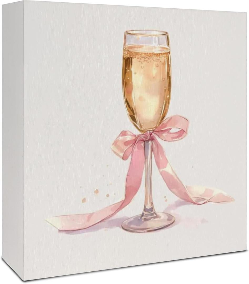 Cocktail Signs, Bar Decorations for Home,Pink Coquette Bow Champagne Wooden Box Sign, Champagne Bar Wood Signs for Home Desk Table Shelf Decor, 5x5 Inch