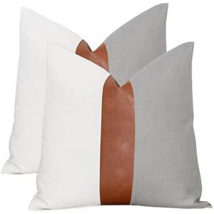 Vfuty Decorative Boho Throw Pillow Covers 18x18 Rustic Cotton Sofa Pillowcase, Modern Faux Leather Accent Pillow Cover Farmhouse Home Decor, Grey and White (Pack of 2, Cover ONLY), 4 Piece