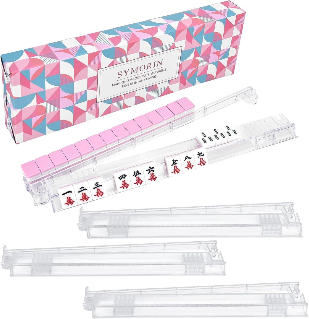 Non-Slip Mahjong Racks with Pushers, 4-Pack Clear Acrylic Racks, American Mahjong Accessories, Gift-Ready Mahjong Gifts (Clear)