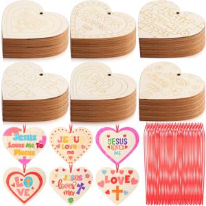 Blueweenly 48 Pcs Easter's Wooden Heart for Crafts Sunday School Crafts for Kids Jesus Loves Me Heart Religious Art Kit for Classroom, Church DIY Art Valentine Exchange Project Gift Activity