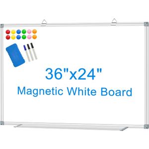 White Board Dry Erase Whiteboard for Wall 36" x 24" Aluminum Presentation Magnetic Whiteboards with Long Pen Tray, 12 Magnets, 3 Markers & 1 Eraser