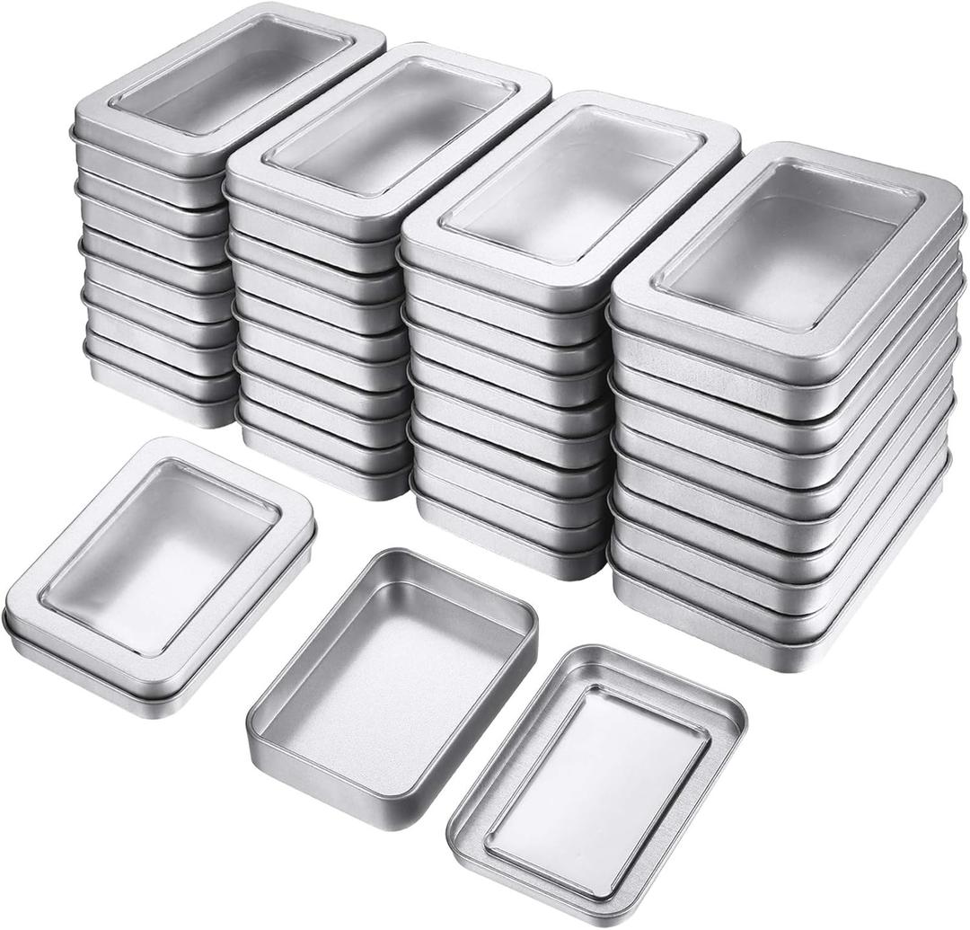 TecUnite 48 Pieces Tin Box Metal Tins with Lids Clear Top Empty Mini Portable Small Storage Tins Case for Home Candles, Candies, Gifts, Balms and Treasures, 3.4x2.4x0.8 Inch, Silver