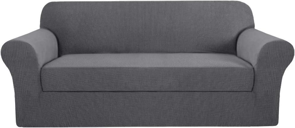 H.VERSAILTEX 2 Pieces Sofa Cover High Stretch Sofa Slipcover Stylish Furniture Cover/Protector Suit for T Cushion/Box Cushion Soft with Elastic Bottom for Kids - Sofa 72"-88" - Charcoal Gray