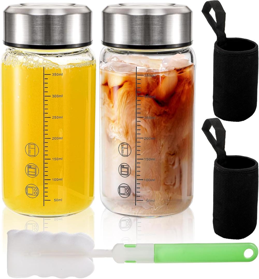 WRINGKIT 2 Pack Glass Juice Bottles with Lids, 12 Oz Wide Mouth Shaker Bottle with Sleeve, Leakproof Glass Mixing Sports Drinking Bottles for Protein Mixs, Vitamin, Juicing, Smoothies, Beverage