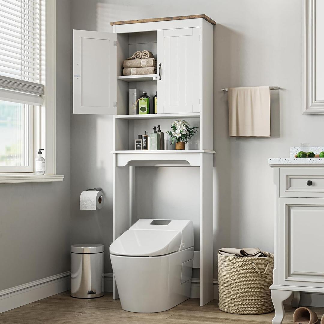 GarveeHome - Over the Toilet Storage Cabinet, 66" Tall Bathroom Space Saving Organizer with Double Doors and Adjustable Shelves for Small Bathrooms, Easy Assembly | Double Doors and Adjustable Shelves Free Standing Toilet Shelf for Small Bathrooms, Easy Assembly, White