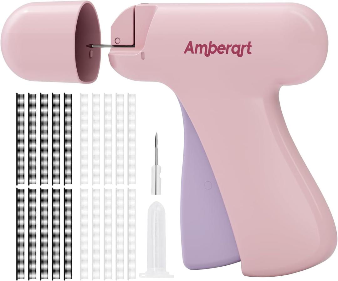 Stitch Gun for Clothes, Handheld Quick Clothing Fixer, Mini Sewing Kit, Tag Gun Includes 2 Needles, 1000 Black Fasteners & 1000 White Fasteners (Pink)