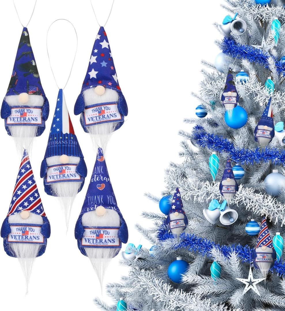 Jenaai 5 Pcs Patriotic Gnomes Ornaments Veterans Gifts Bulk with Appreciation Cards Tree Hanging Gnomes Plush for Holiday Patriotic Party Office Xmas Tree Home Decor