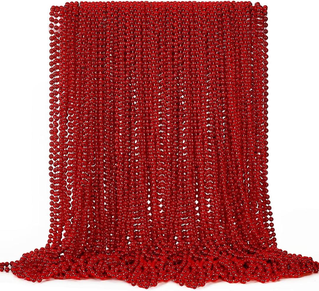 EOBOH 144PCS Bead Necklace, Red Christmas Bead Stuff Party Favors, 33" Necklaces Festival Parade Throw Accessories for Wedding Birthday Valentines Mardi Gras Christmas Celebrations Decorations