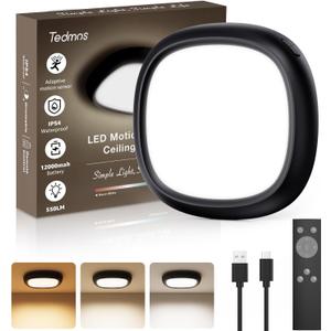 Tedmos Motion Sensor Rechargeable Ceiling Light with Remote, 12000mAh Wireless Shower Lights for Inside Shower, Battery Operated Closet Light Sensored LED Overhead Lighting No Wiring for Hallway Garage