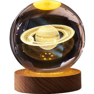 KAZETEC 3D Crystal Ball Saturn Night Light, 2.35inch(60mm) Space Decor Magical Globe, Nightlight Kids Bedroom Decor, Nightlight Decolamp, as a Birthday Gift for Teens.