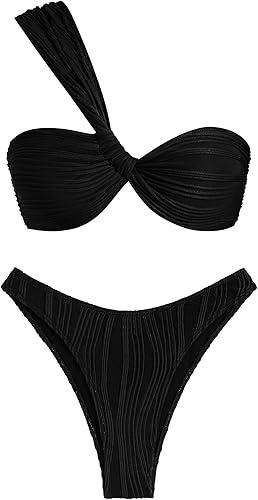 ZAFUL Women's One Shoulder Bikini Twisted Ruched High Cut Bandeau Bikini Set Two Piece Swimsuit  S