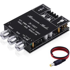 ZK-1002T 2.0 Channel Bluetooth 5.0 Amplifier Board 200W HiFi Subwoofer Audio AMP with Treble and Bass Control BT and AUX Inputs, DC 12-24V 2.0 Channel Stereo AMP Module for DIY Speakers