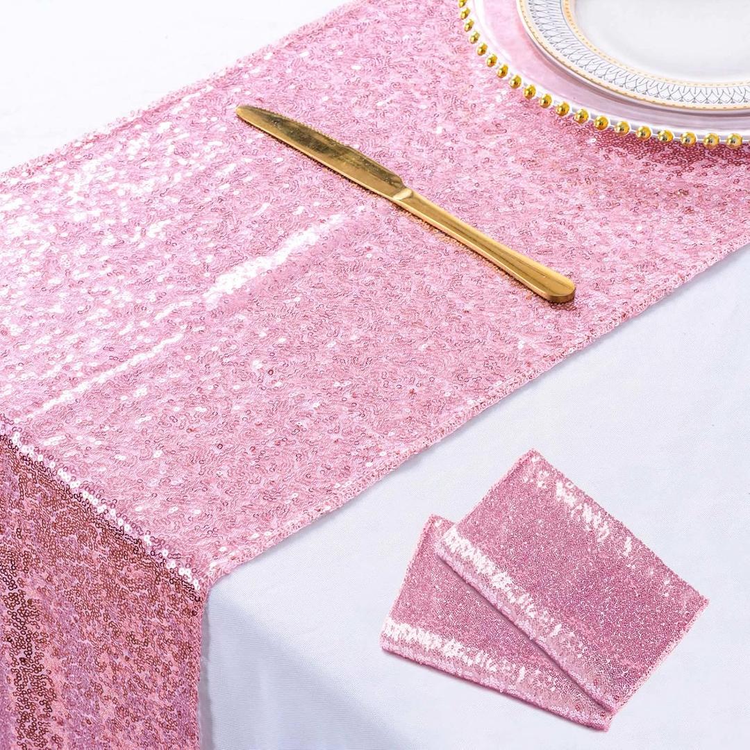 ShinyBeauty Fuchsia Pink Table Runners Pack of 2 Pink Gold Sequin Table Runners 12inx108in Rose Pink Sequin Table Runner 108" Xmas Table Runner for Coffee Table Wedding Table Linen Party Decorations