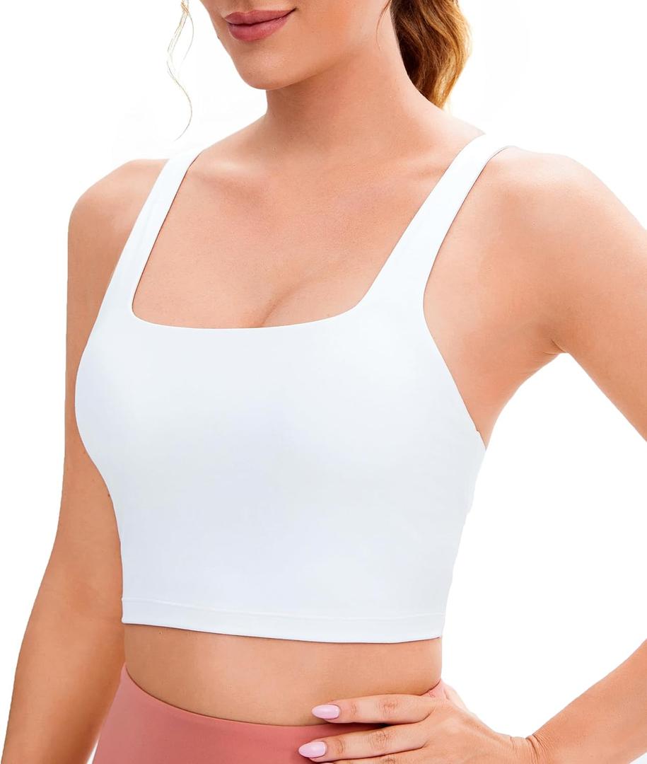 Smooth Feeling Square Neck Longline Sports Bra Open Back Strappy Workout Crop Tank Tops for Women Yoga Athletic (Medium, White)