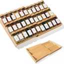Expandable 3-Tier Bamboo Spice Rack Organizer (12"-21" W, 13.5" D, 3.7" H) Adjustable for Kitchen Drawers, Cabinets, Countertops, Pantry Shelves & Cupboards, No Jars Included