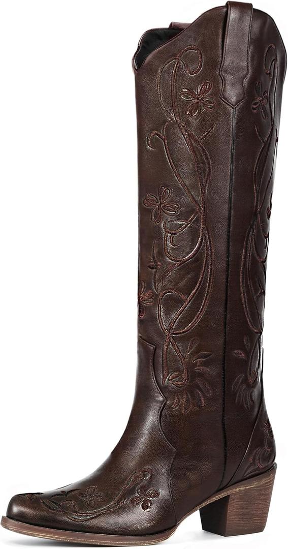 heelchic Cowboy Boots for Women, Knee High Cowgirl Boots with Classic Embroidered, Pointed Toe Chunky Heel Western Boot, Pull On Retro Vintage Tall Boot (9, Saddle Brown)