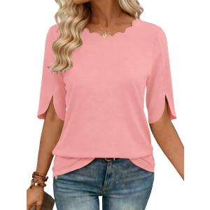 2 x JomeDesign Round Neck Tops for Women Trendy Fashion 2026 Short Sleeve Tunic Shirts Coral  (Pink, S)