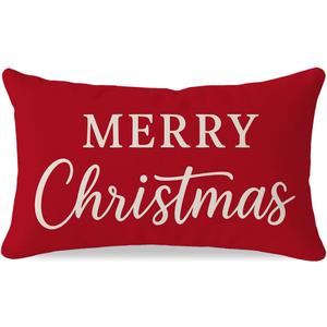 PANDICORN Merry Christmas Pillow Cover 12x20 Inch, Crimson Red Xmas Holiday Lumbar Decorative Cushion Case, Rustic Farmhouse Christmas Decor for Couch Sofa