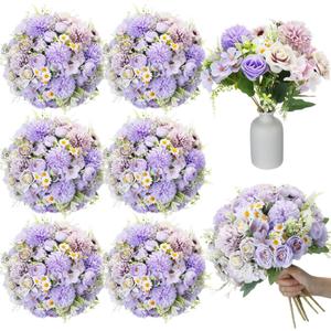 Tigeen 6 Bundles Artificial Bouquet Flowers Artificial Peonies Faux Roses Silk Flowers Hydrangea Bouquet for Wedding Table Centerpiece Floral Vase Decor(Purple)