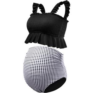 GINKANA Maternity Two Pieces Bikini Set High Waist Bathing Suits Set Swimwear Ruffle Trim Straps Pregnancy Suits Swimwear Beachwear, Black White Plaid, S