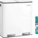 SONGMICS Trash Can, 2 x 8 Gallon (2 x 30 L) Double Compartment Garbage Can for Recycling, Stainless Steel, with 15 Liner Bags, Soft-Close Lids, Removable Buckets, Pedals, White ULTB160WZ01