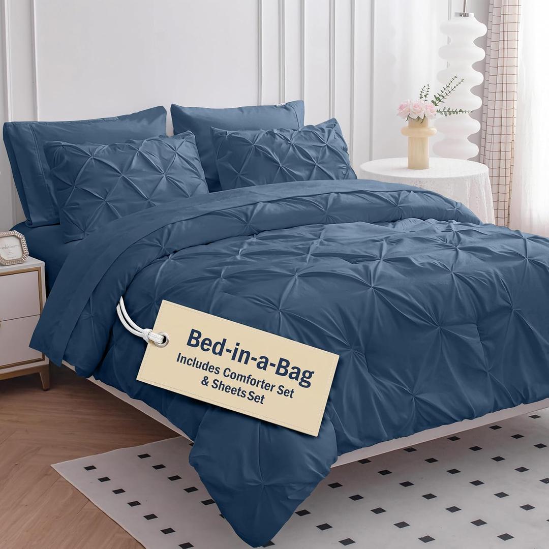 LANE LINEN California King Bed Set - 7 Piece Pintuck Detailing Year-Round Comfort Bed in a Bag - Oversized Comforter, Sheets, Pillowcases & Shams - Clean Aesthetic Soft & Cozy - Navy Blue | True Cal King, Oversized soft feel, Year round use, Clean bed look, Cozy nightly comfort