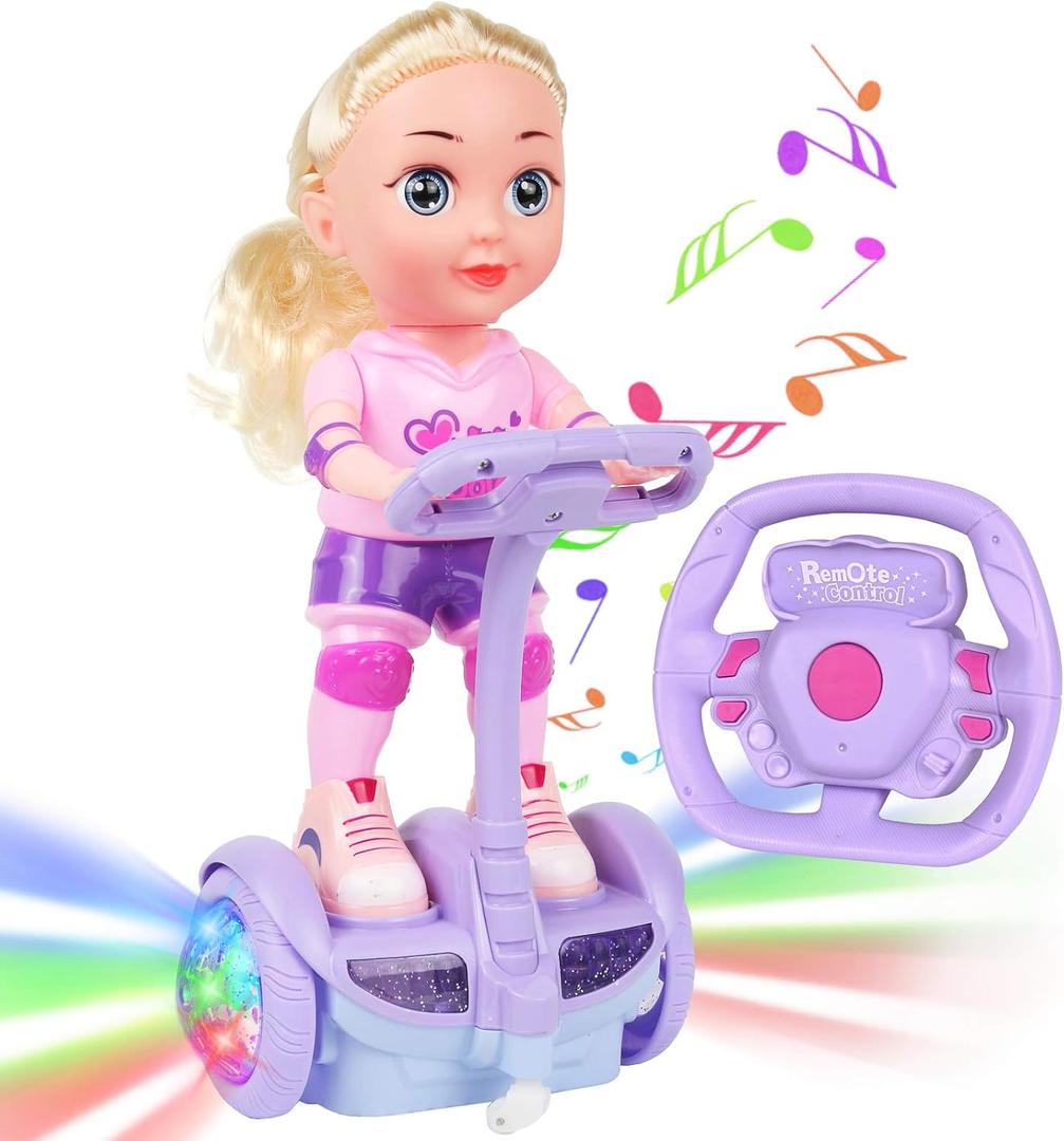 Doll Set with Remote Control Toy Electric Scooter for Kids with LED Lights Music and 360 Rotation