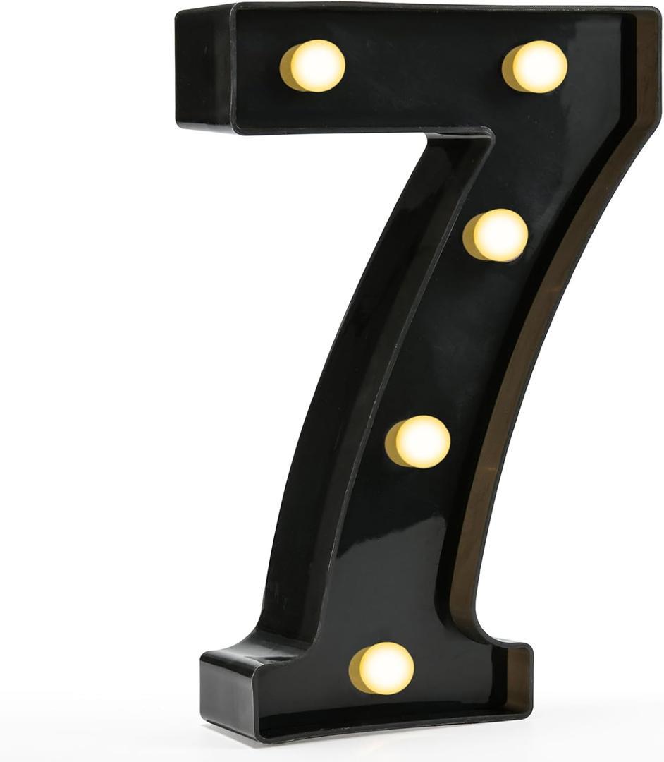 Pooqla Decorative Led Light Up Number Letters, Black Plastic Marquee Number Lights Sign for 7th 17th 70th Birthday Party Wedding Decor Battery Operated Black Decoration 7 (8.86 in)