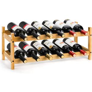 Nicunom Rack Countertop, 2-Tier 12 Bottles Bamboo Storage Rack, Bottle Holder, Display Shelf, Free Standing Storage for Home, Pantry, Cabinet and Bar