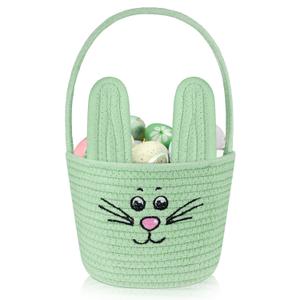 Teenyyou Woven Easter Baskets Woven Bunny Baskets with Handles Eggs Hunt Bucket Rabbit Cotton Rope Basket Baby's First Easter Basket Gift for Toddler Boys Girls(Macaron Green)