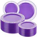 Maxcheck 100 Pack Purple Silver Plastic Plates Disposable Plates with Silver Rim Plastic Dinnerware Set Dessert Salad Reusable Party Dinner for Wedding Birthday Valentine