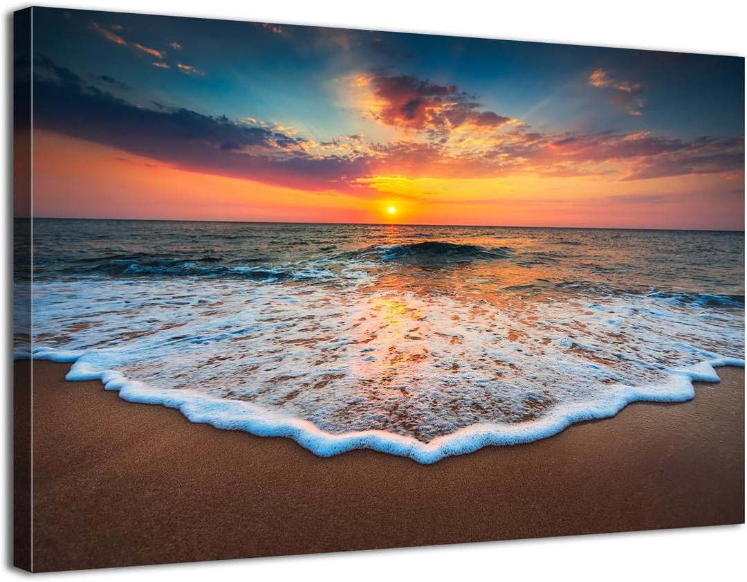 Beach Wall Art Sunset Coastal Bathroom Decor Hawaii Beach Wall Art Nature Ocean Landscape Canvas Prints Painting Modern Ocean Waves Seascape Artwork for Living Room Office Home Decoration 12x16"