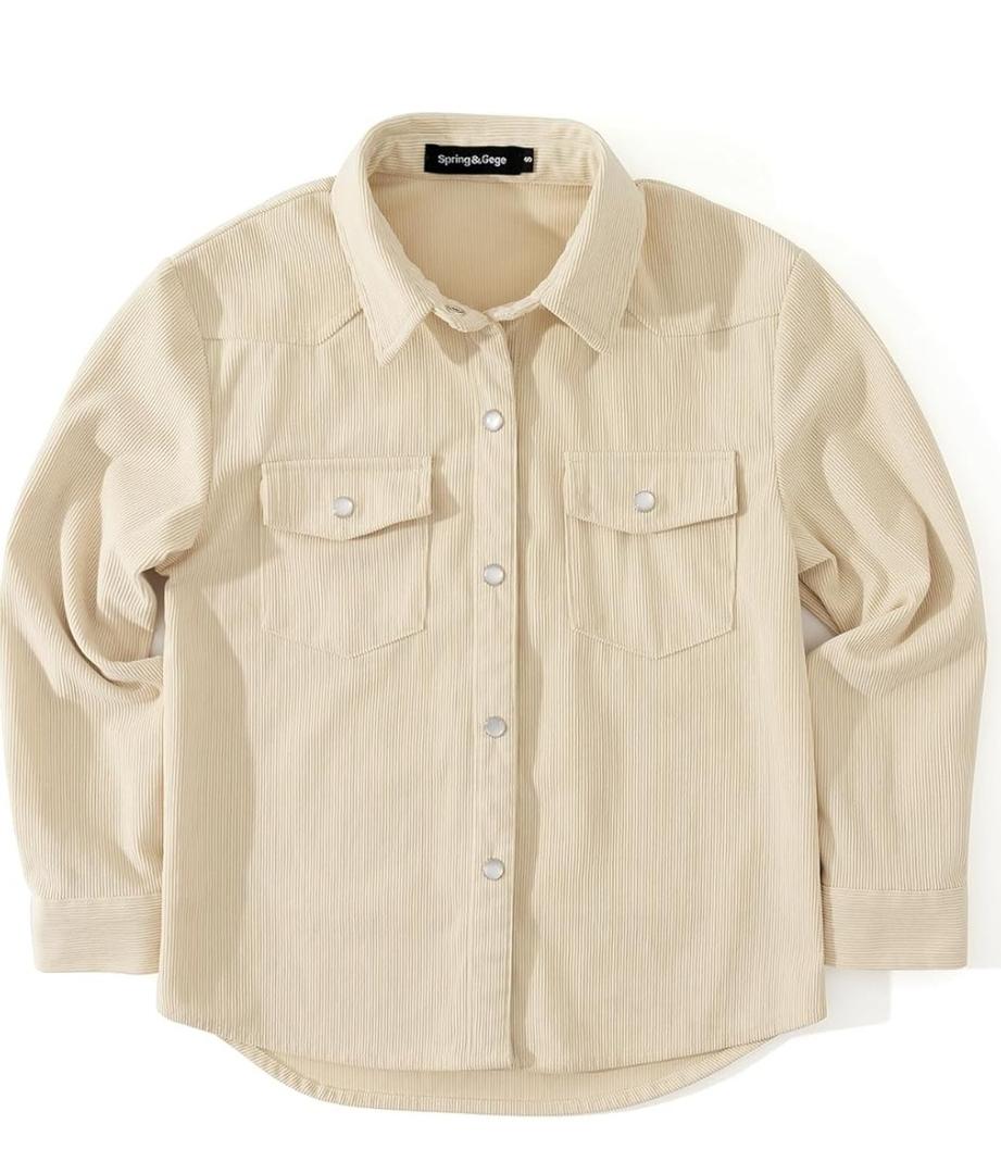 Spring&Gege Boys Long Sleeve Corduroy Shirts Western Pearl Snap Shacket with Flap Pockets Beige XL