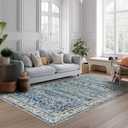 Rugease 5x7 Area Rugs for Living Room Bedroom, Blue Washable Rug, Vintage Retro Boho Rug, Non Slip & Low Pile Faux Wool Thin Carpet for Indoor Dining Room and Kids Room(Blue 5x7ft)