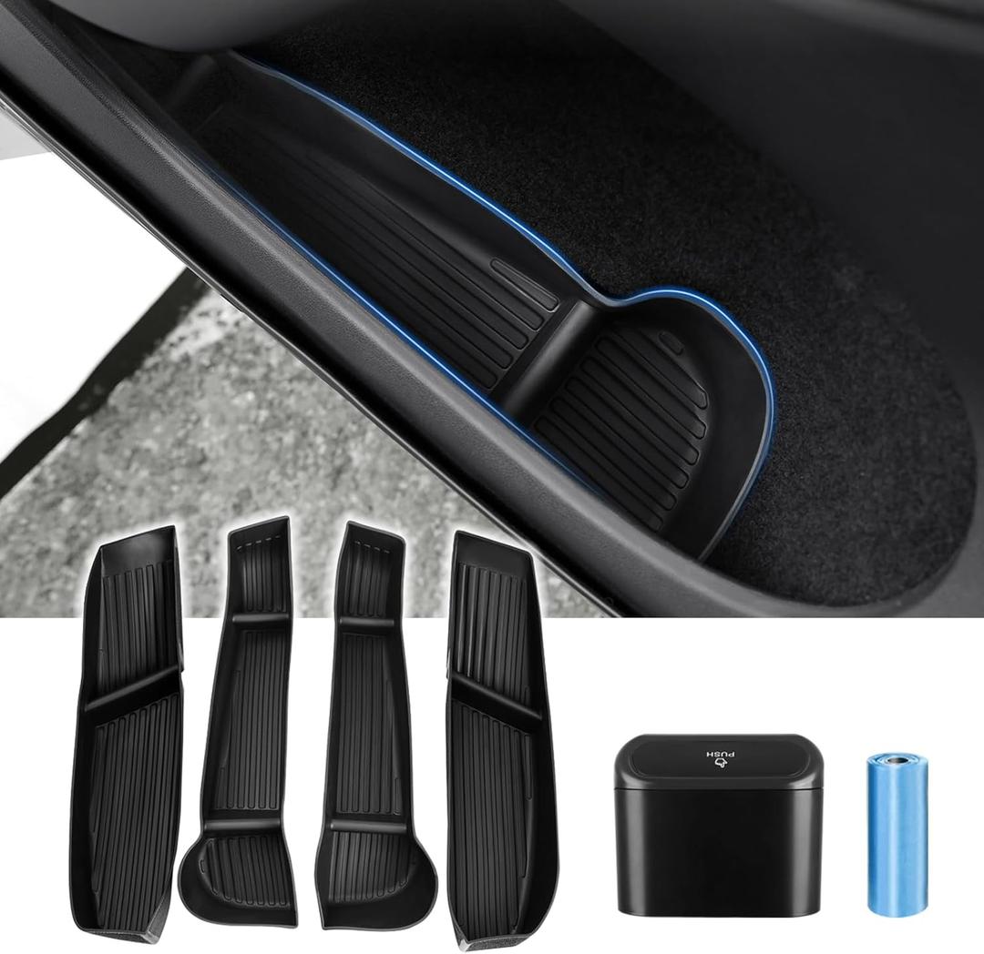 Car Door Side Storage Box and Trash Can for 2020-2024 2025 Tesla Model Y Accessories Front Rear Door Insert Tray Organizer Slot Storage Protector with Trash Can 6PCS (Not for Juniper)