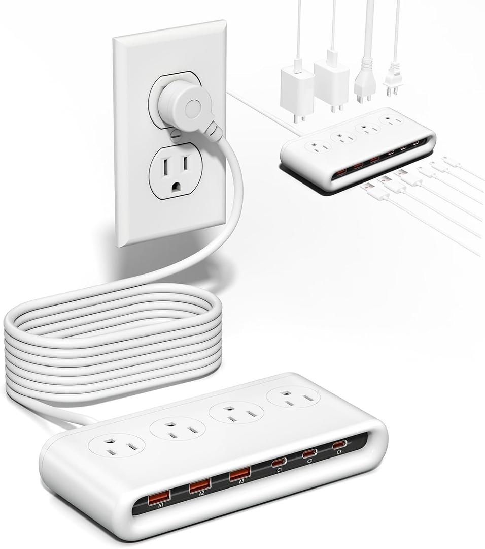 10 in 1 Flat Plug Power Strip with USB C, PD20W Fast Charging Station with 4 Outlets and 6 USB Port3 Type C+3 USB A, 5ft Extension Cord, Non Surge Protector for Travel (White)