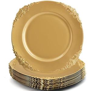 Okllen 12 Pack Gold Charger Plates, 13" Round Charger Plates with Embossed Rim, Decorative Dinner Charger Serving Plates for Catering, Wedding, Tabletop Decor