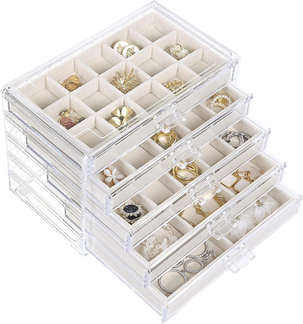 misaya Earring Jewelry Organizer with 5 Drawers, Birthday Present, Clear Acrylic Jewelry Box for Women, Velvet Earring Display Holder for Earrings Ring Bracelet Necklace, Cream