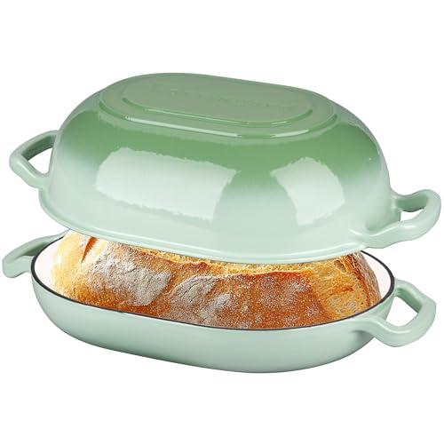 VORRINGARD Enameled Cast Iron Sourdough Bread Oven, Dutch Oven, Loaf Cast Iron Bread Pan for Homemade Bread Baking, Meatloaf Pan with Lid, 7QT, Green