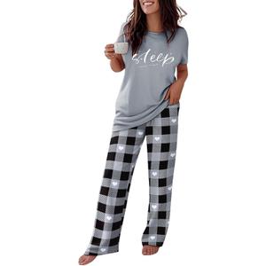 CHICME Womens Pajamas Sets 2 Piece Short Sleeve Lounge Set Printed Loose Pants Pj Sets Loungewear Set (XX-Large, E-plaid Gray)