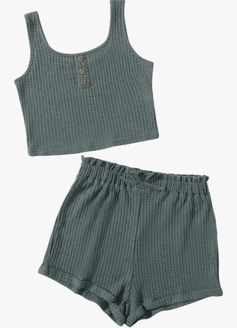 Girl's 2 Piece Outfits Waffle Knit Scoop Neck Button Down Crop Tank Tops Paperbag Waist Track Shorts, Color: Pure Green, Size: 10-11 Years