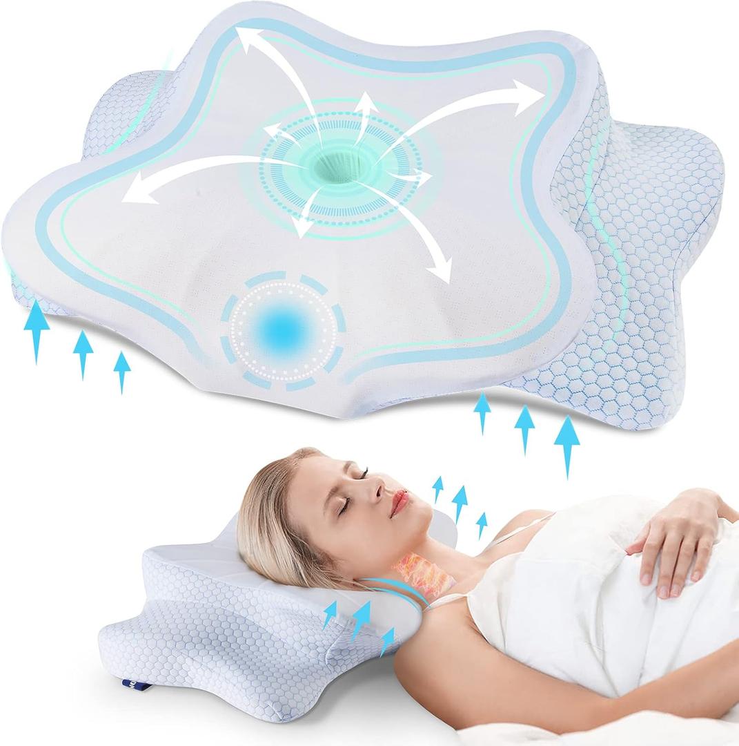 DONAMA Cervical Pillow for Neck and Shoulder Pain Relief, Cooling Contour Memory Foam Pillow, Dual-Height Ergonomic Neck Support Pillow for Side Back Stomach Sleepers with Removable Pillowcase (Blue)