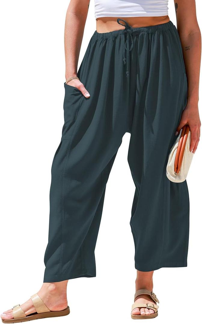 TARSE Womens Linen Wide Leg Pants Casual Loose Drawstring Summer Beach Travel Vacation Palazzo Harem Pants with Pockets (X-Large)