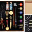 Quill Feather Pen and Ink Set, Calligraphy Pen Glass Dip Pen and Wax Seal Stamp Kit (Black)