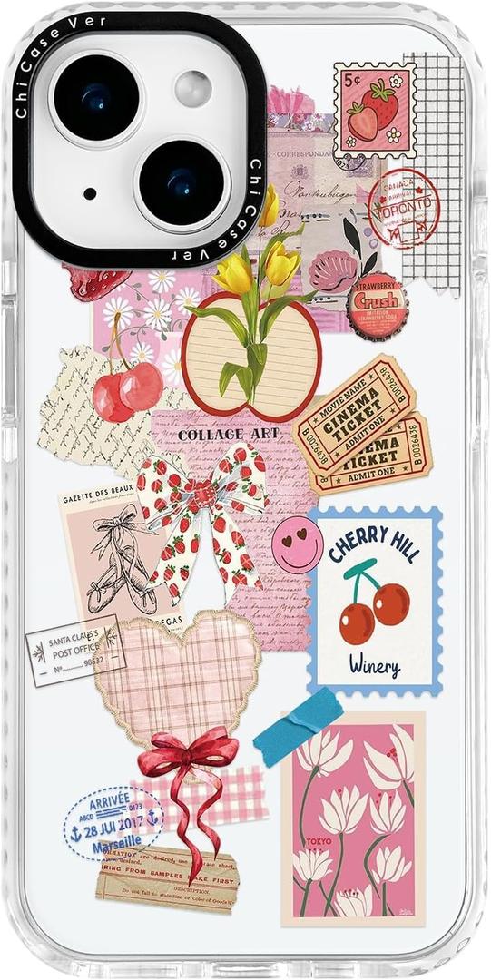 for iPhone 15 Case, Clear Summer Cherry Bows Strawberry Design Collage, Military-Grade Drop Protection, Vintage Soft Slim TPU Protective Cover with Camera Control for Girls Teens (SweetPost)