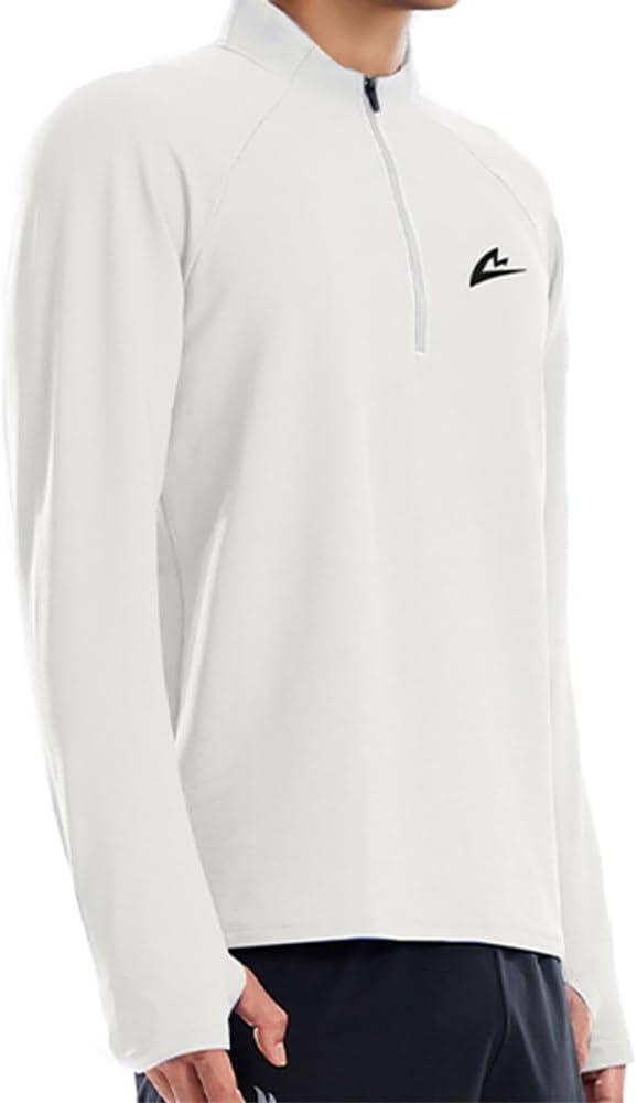 Men's Fitness Running Shirt Long Sleeve Quarter Zip Pullover Moisture Wicking Quick Dry Athletic Workout Shirts (White, XXL)