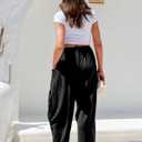 TARSE Womens Linen Wide Leg Pants Casual Loose Drawstring Summer Beach Travel Vacation Palazzo Harem Pants with Pockets (Black, M)